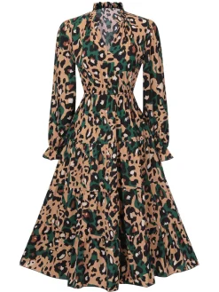 New Retro Stage 1940s Leopard V-Neck Layered Dress Multicolor
