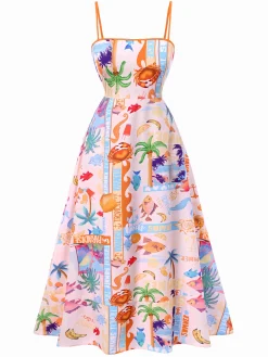 Clearance Retro Stage 1970s Ocean Live Suspender Maxi Dress Multicolor