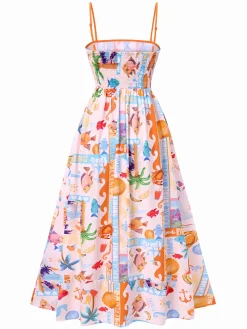 Clearance Retro Stage 1970s Ocean Live Suspender Maxi Dress Multicolor