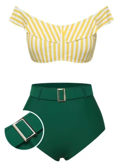 New Retro Stage 1930s Off-Shoulder Stripes Swimsuit Multicolor