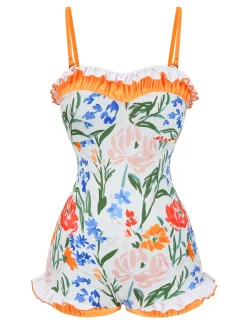 Discount Retro Stage 1960s Painted Floral Bandeau One-Piece Swimsuit Multicolor