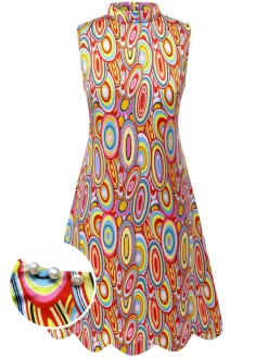 New Retro Stage 1960s Pearl Button Sleeveless Dress Multicolor