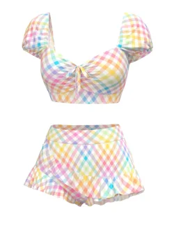 Outlet Retro Stage 1970s Puff Gingham Plaid Bikini Set Multicolor