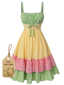 Best Retro Stage 1950s Pure Cotton Straps Plaid Dress Multicolor