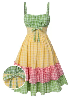 Best Retro Stage 1950s Pure Cotton Straps Plaid Dress Multicolor