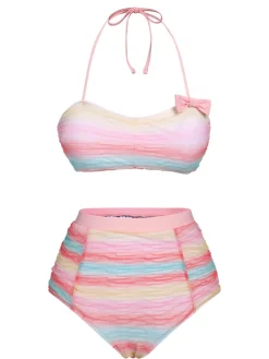 Discount Retro Stage Multicolor 1960s Mesh Bow Swimsuit Rainbow