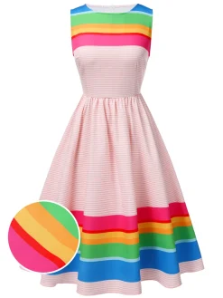 Best Retro Stage 1950s Rainbow Striped Boat Neck Dress Multicolor