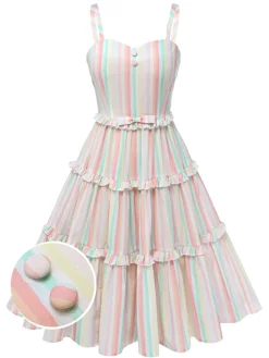 Best Retro Stage 1950s Spaghetti Strap Striped Dress Multicolor