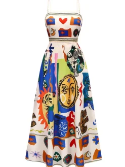 Sale Retro Stage 1970s Spaghetti Strap Graffiti Print Dress Multicolor