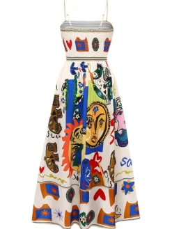 Sale Retro Stage 1970s Spaghetti Strap Graffiti Print Dress Multicolor