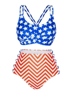 Online Retro Stage 1950s Stars Chevron Stripes Swimsuit Multicolor