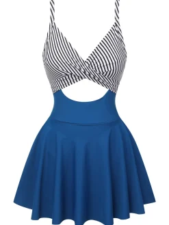 Hot Retro Stage 1930s Stripe Skirted One-piece Swimsuit Multicolor