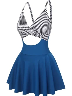 Hot Retro Stage 1930s Stripe Skirted One-piece Swimsuit Multicolor