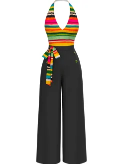 Discount Retro Stage 1970s Striped Bow Halter Jumpsuit Multicolor