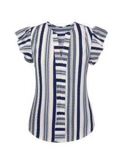 Outlet Retro Stage 1940s Striped Ruffles V-Neck Cap Blouse Multicolor