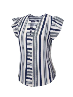 Outlet Retro Stage 1940s Striped Ruffles V-Neck Cap Blouse Multicolor