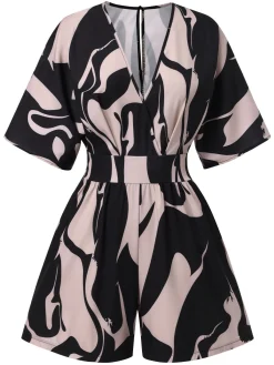 Outlet Retro Stage 1940s Surplice V-Neck Printed Batwing Romper Multicolor