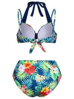New Retro Stage 1950s Tropical Plants Patchwork Bikini Set Multicolor