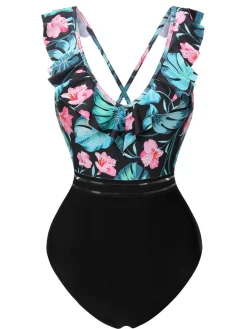 Best Retro Stage 1950s Tropical Ruffle Swimsuit Multicolor