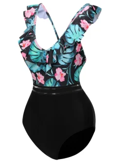 Best Retro Stage 1950s Tropical Ruffle Swimsuit Multicolor