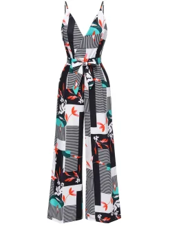 Online Retro Stage 1970s V-Neck Geometric Plant Straps Jumpsuit Multicolor