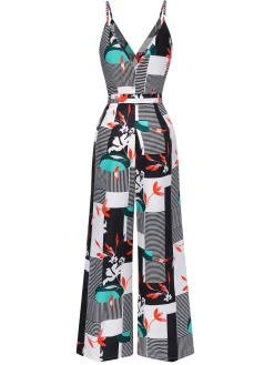 Online Retro Stage 1970s V-Neck Geometric Plant Straps Jumpsuit Multicolor