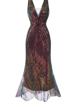 Discount Retro Stage 1920s V-Neck Sequined Fishtail Dress Multicolor