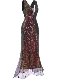 Discount Retro Stage 1920s V-Neck Sequined Fishtail Dress Multicolor