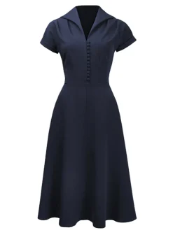 Clearance Retro Stage 1940s Button Tea Dress Navy Blue