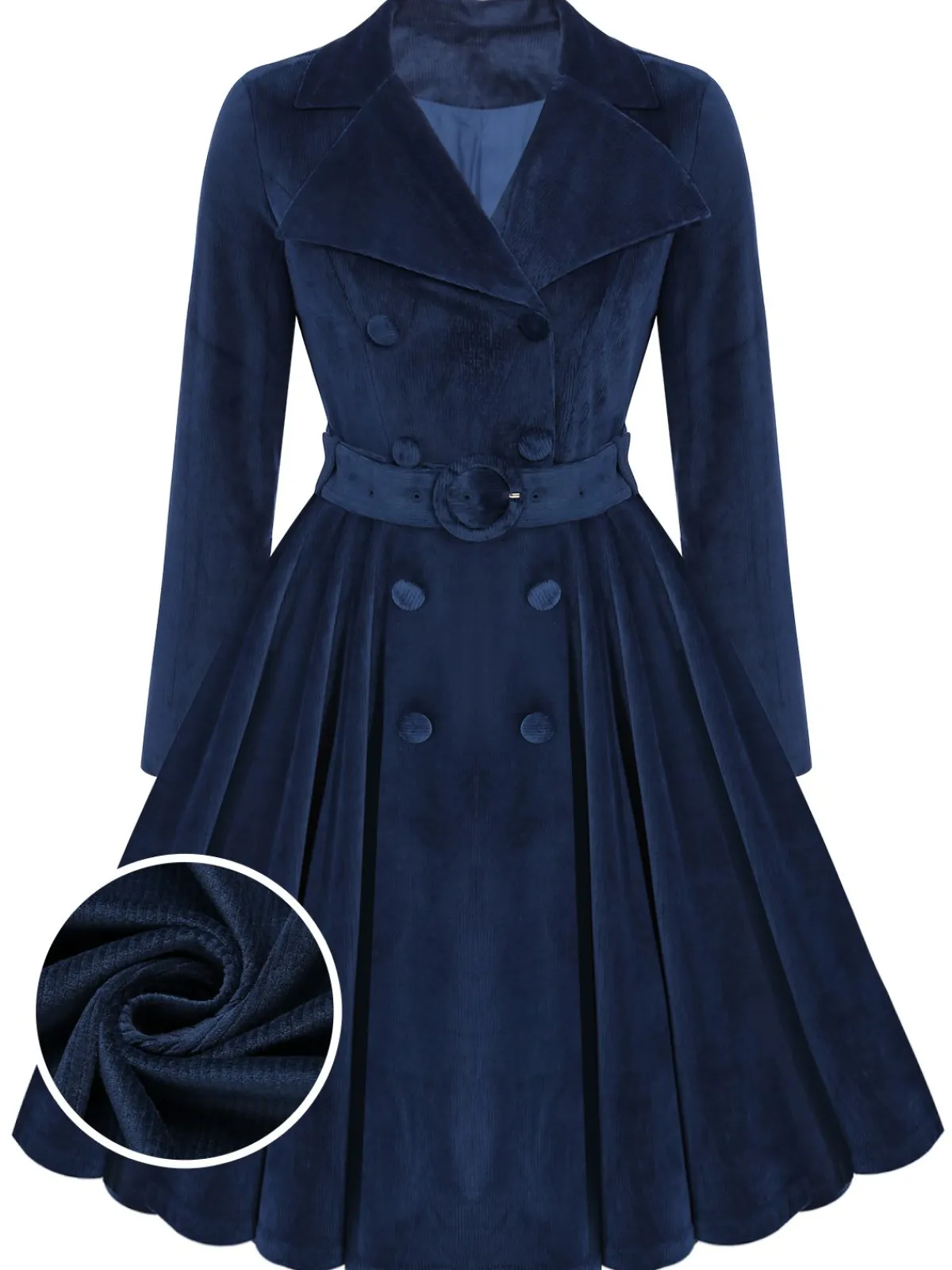 New Retro Stage 1950s Corduroy Long Coat Navy Blue