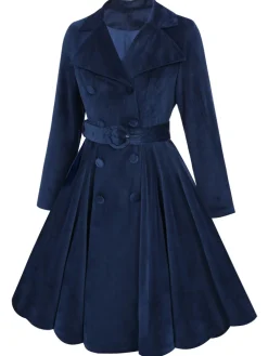 New Retro Stage 1950s Corduroy Long Coat Navy Blue