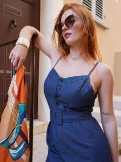 New Retro Stage 1930s Cowboy Solid Strap Jumpsuit Navy Blue