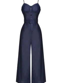 New Retro Stage 1930s Cowboy Solid Strap Jumpsuit Navy Blue