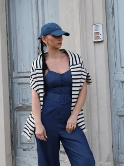 Fashion Retro Stage 1930s Cowboy Solid Strap Jumpsuit Navy Blue