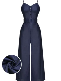 Fashion Retro Stage 1930s Cowboy Solid Strap Jumpsuit Navy Blue