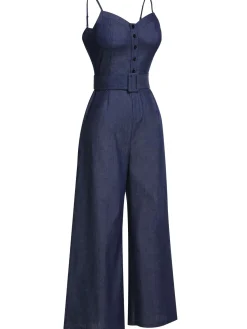 Fashion Retro Stage 1930s Cowboy Solid Strap Jumpsuit Navy Blue