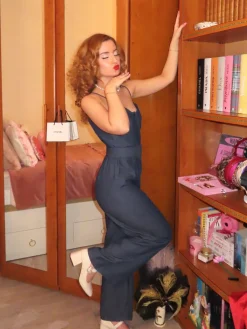 Sale Retro Stage 1930s Cowboy Solid Strap Jumpsuit Navy Blue