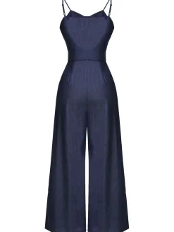Best Retro Stage 1930s Cowboy Solid Strap Jumpsuit Navy Blue