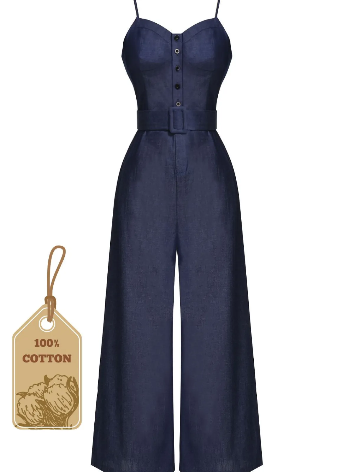 Outlet Retro Stage Navy Blue 1930s Cowboy Solid Strap Jumpsuit