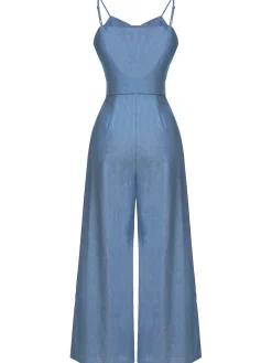 Outlet Retro Stage Navy Blue 1930s Cowboy Solid Strap Jumpsuit