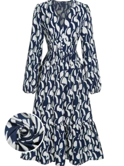 Online Retro Stage 1930s Geometric Printed V-Neck Dress Navy Blue