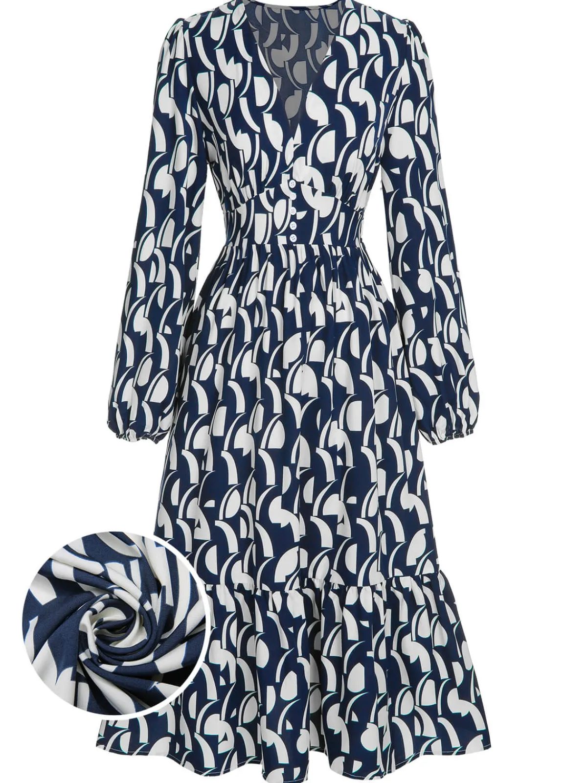 Online Retro Stage 1930s Geometric Printed V-Neck Dress Navy Blue
