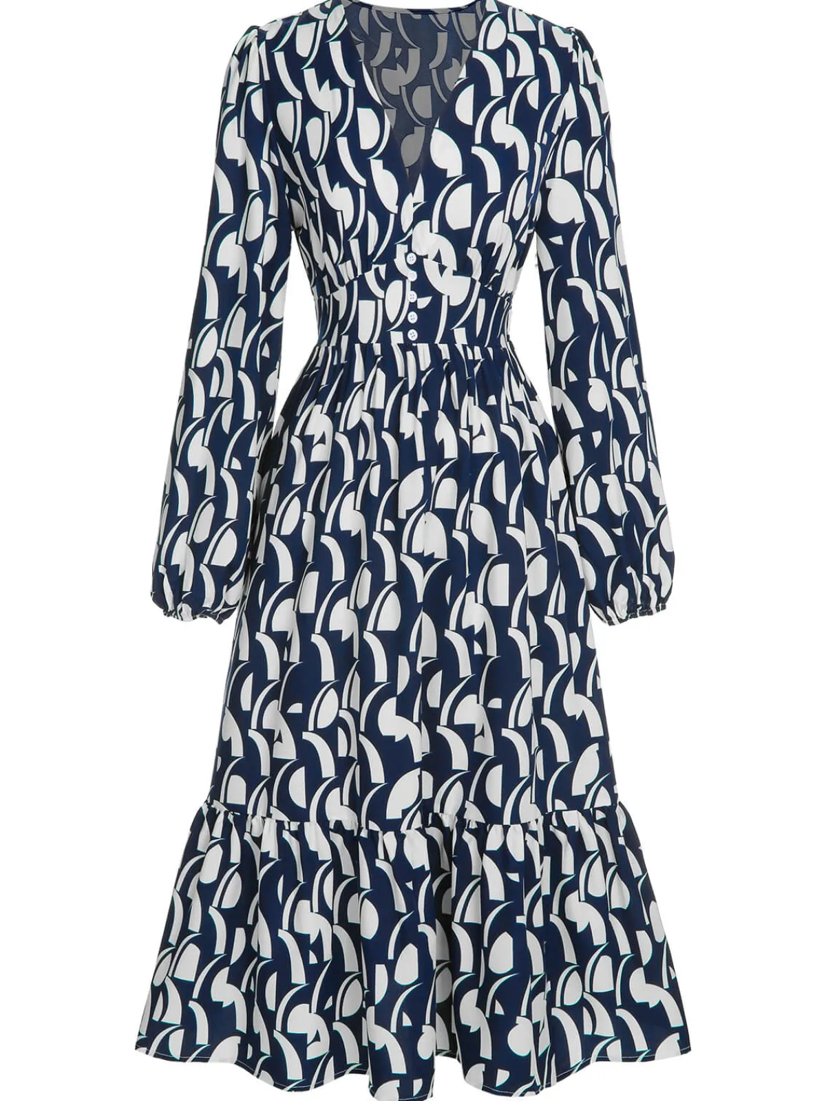 Online Retro Stage 1930s Geometric Printed V-Neck Dress Navy Blue