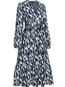 Online Retro Stage 1930s Geometric Printed V-Neck Dress Navy Blue