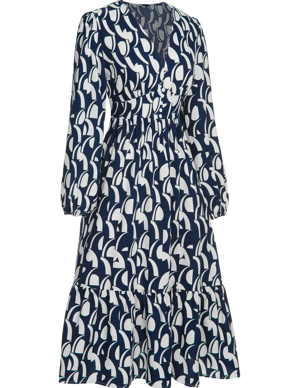 Online Retro Stage 1930s Geometric Printed V-Neck Dress Navy Blue