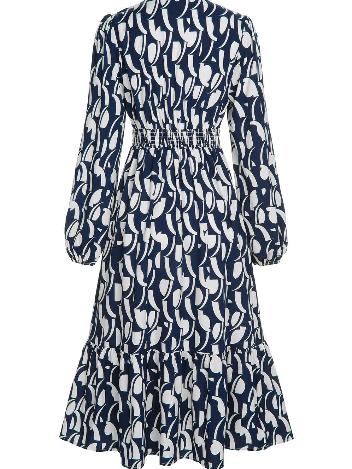 Online Retro Stage 1930s Geometric Printed V-Neck Dress Navy Blue