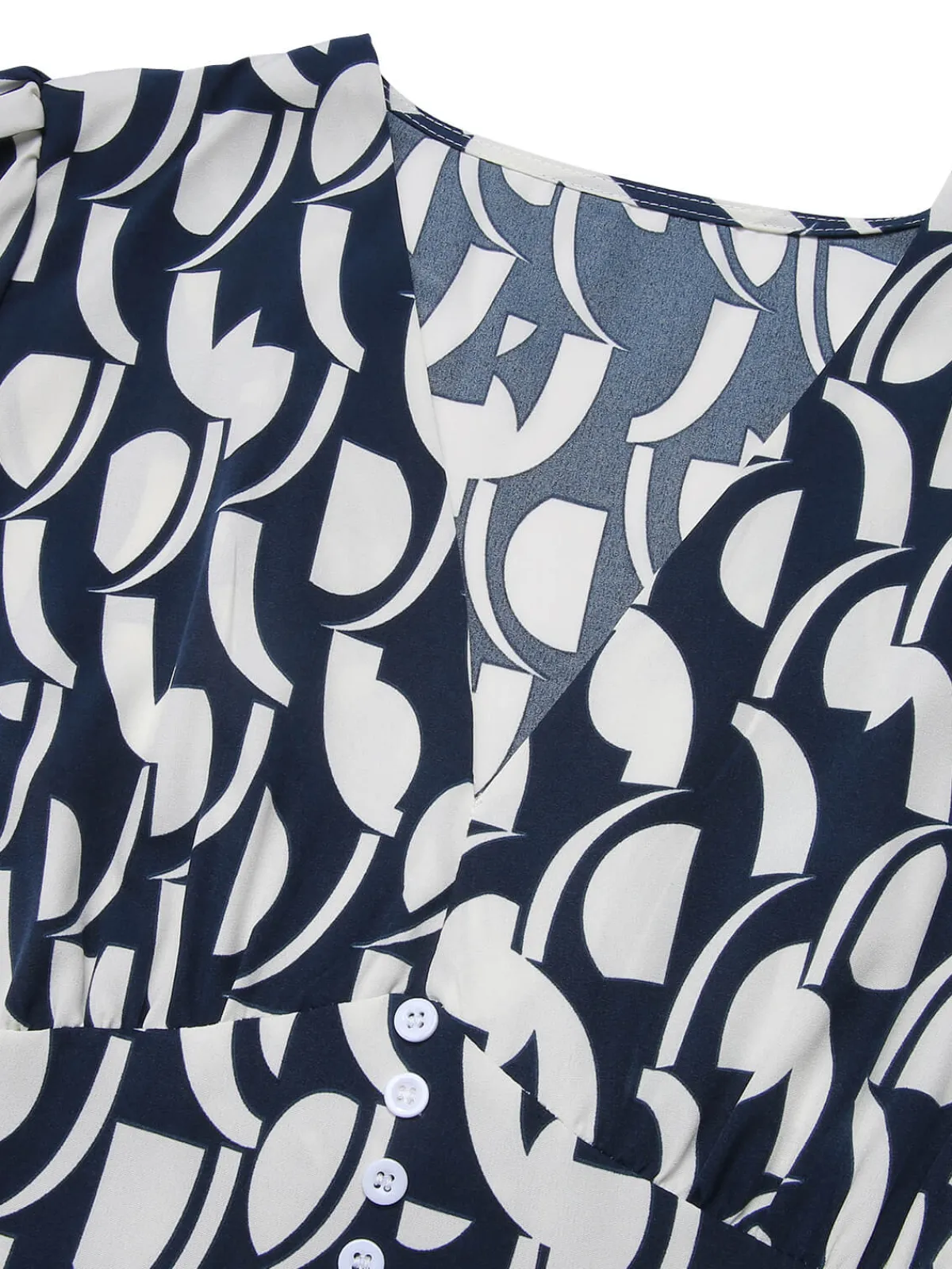 Online Retro Stage 1930s Geometric Printed V-Neck Dress Navy Blue