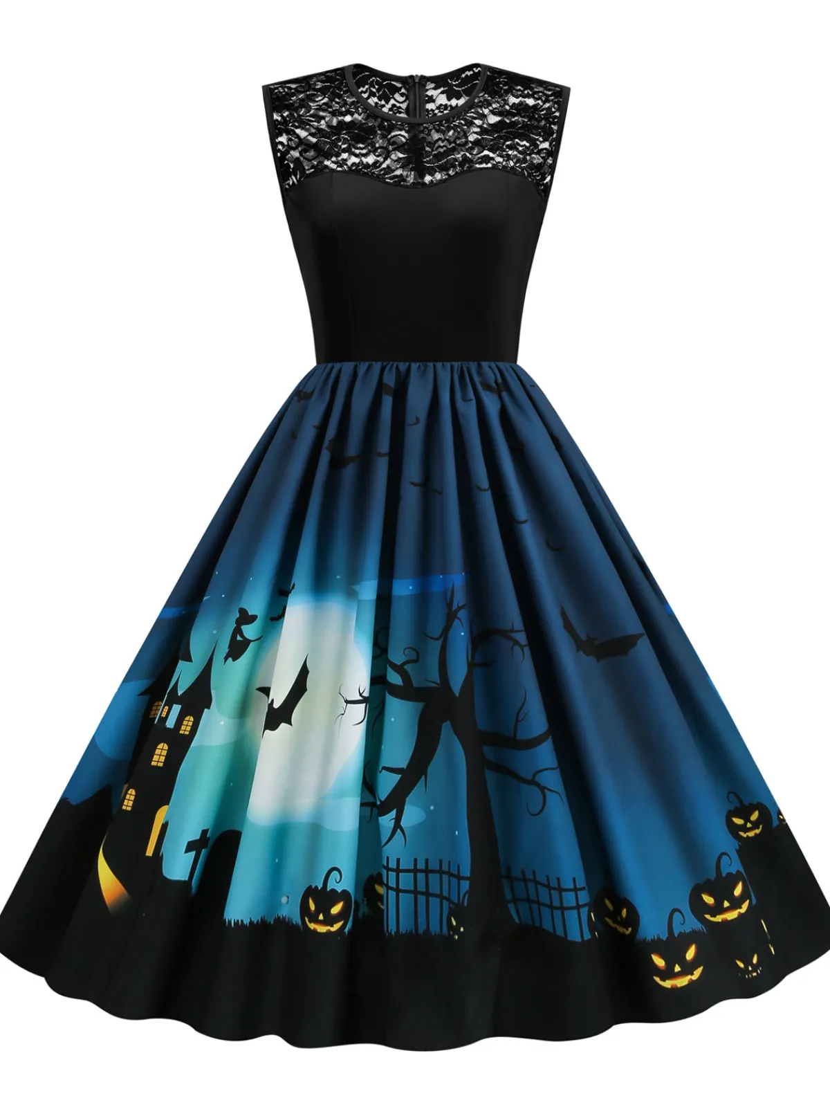 Discount Retro Stage 1950s Halloween Lace Patchwork Dress Navy Blue
