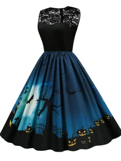 Discount Retro Stage 1950s Halloween Lace Patchwork Dress Navy Blue