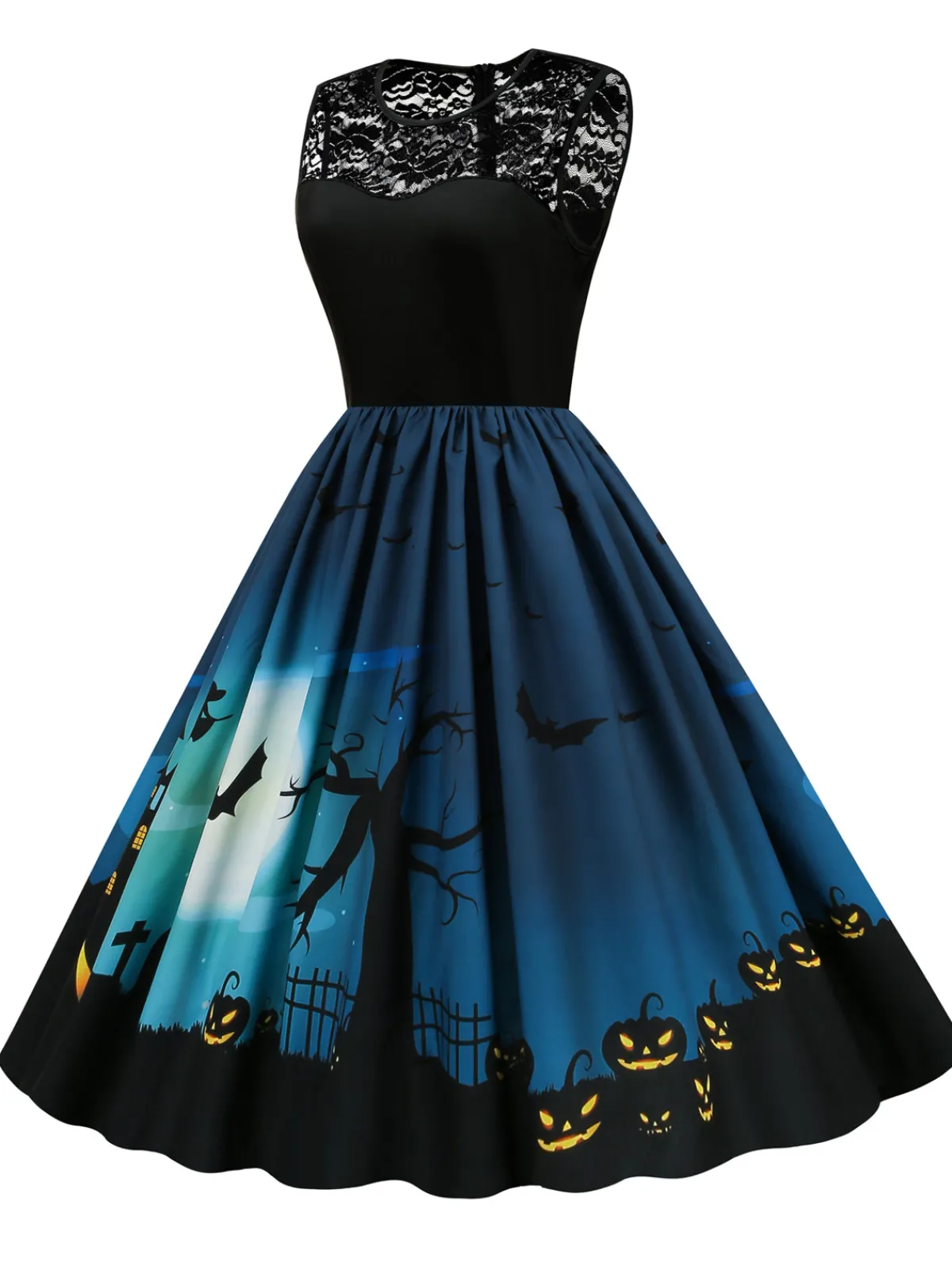 Discount Retro Stage 1950s Halloween Lace Patchwork Dress Navy Blue